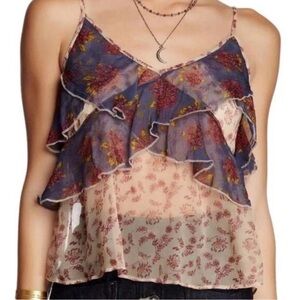 Free People Sz:M Tan Purple Crisscross Ruffle Floral Crinkle Chiffon Tank Top.